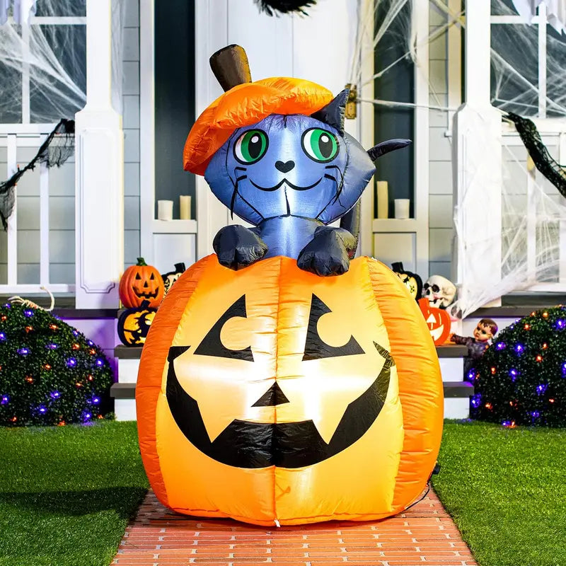 🎃 5ft Animated Inflatable Cat On Pumpkin – Light-Up Halloween Yard Decor 🐈‍⬛