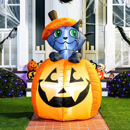 🎃 5ft Animated Inflatable Cat On Pumpkin – Light-Up Halloween Yard Decor 🐈‍⬛