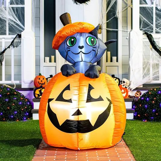🎃 5ft Animated Inflatable Cat On Pumpkin – Light-Up Halloween Yard Decor 🐈‍⬛