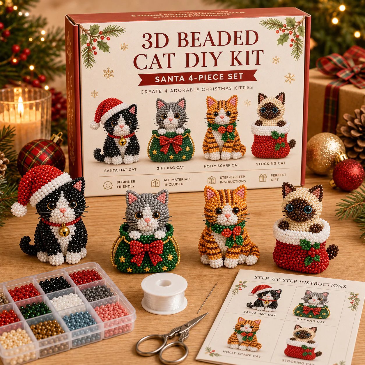 🎄 3D Beaded Christmas Cat DIY Craft Kit Set of 4 Handmade Ornaments 🐱