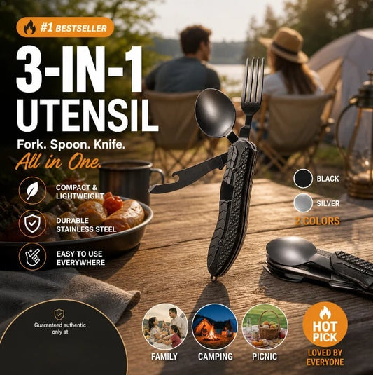 🏕️ 4-In-1 Folding Camping Utensil Set – Spoon, Fork, Knife & Bottle Opener