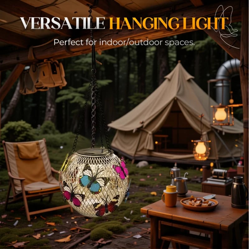 🦋 Solar Butterfly Iron Lantern – Vintage Hanging Garden Light