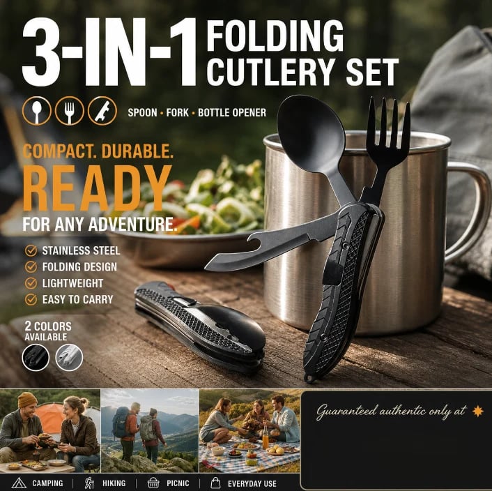 🏕️ 4-In-1 Folding Camping Utensil Set – Spoon, Fork, Knife & Bottle Opener