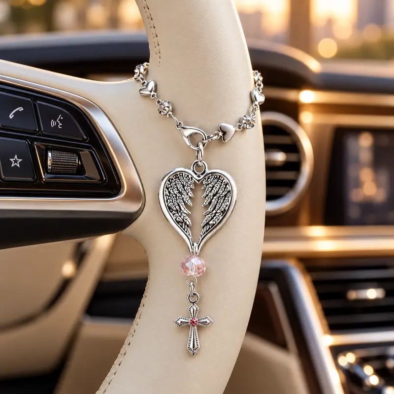 💗 50% OFF Angel Wing Heart Car Charm with Cross & Pink Crystal