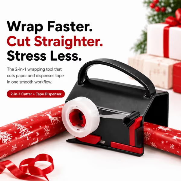 2-in-1 Wrapping Paper Cutter & Tape Dispenser - Faster Gift Wrapping Tool