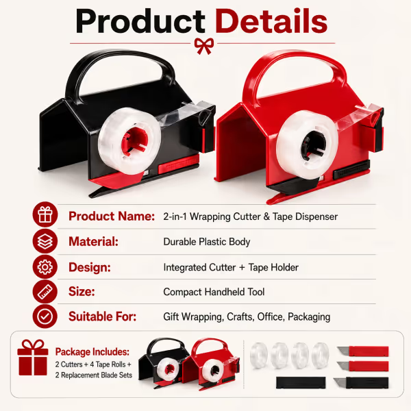 2-in-1 Wrapping Paper Cutter & Tape Dispenser - Faster Gift Wrapping Tool
