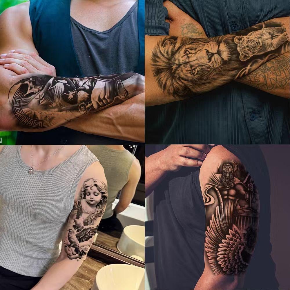 🔥 76 Pcs Tribal Temporary Tattoo Set - Wolf, Lion & Skull | Instant Forearm Sleeve | Zero Pain 🐺✨