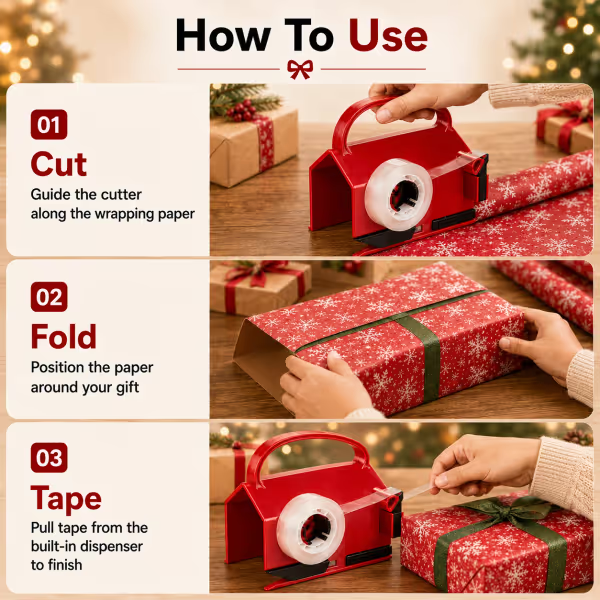 2-in-1 Wrapping Paper Cutter & Tape Dispenser - Faster Gift Wrapping Tool