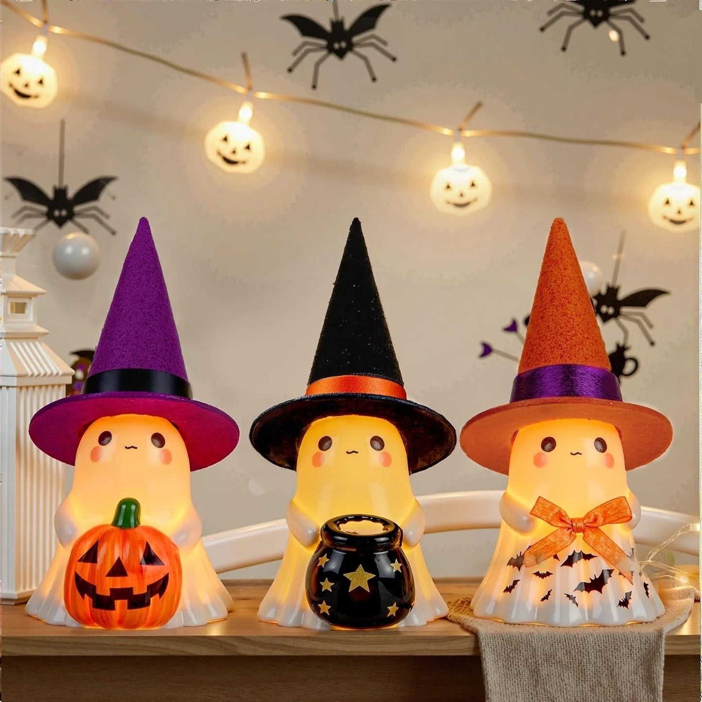 👻🌟3Pcs Light-up Ceramic Ghost Halloween Decor | Cute Ghost Figurines with Colorful Witch Hats