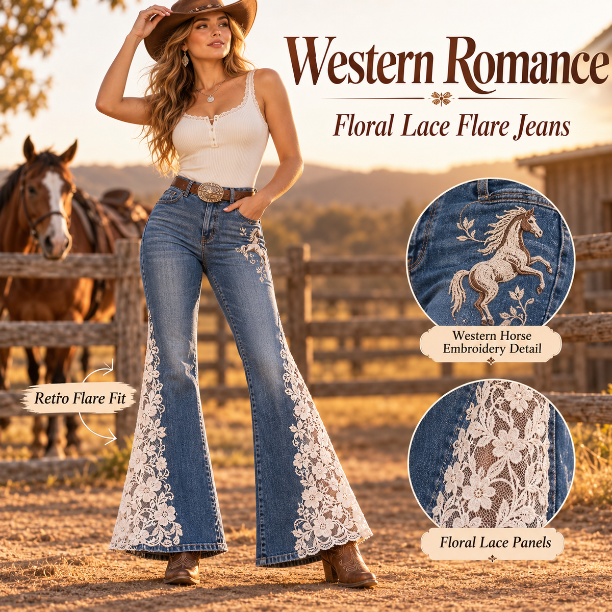 🤠 Western Floral Lace Flare Jeans ✨ Vintage Cowgirl Charm