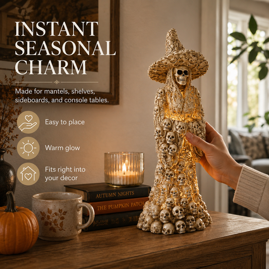🎃 Glowing Skull Witch Halloween Statue | Cozy Spooky Indoor Decor