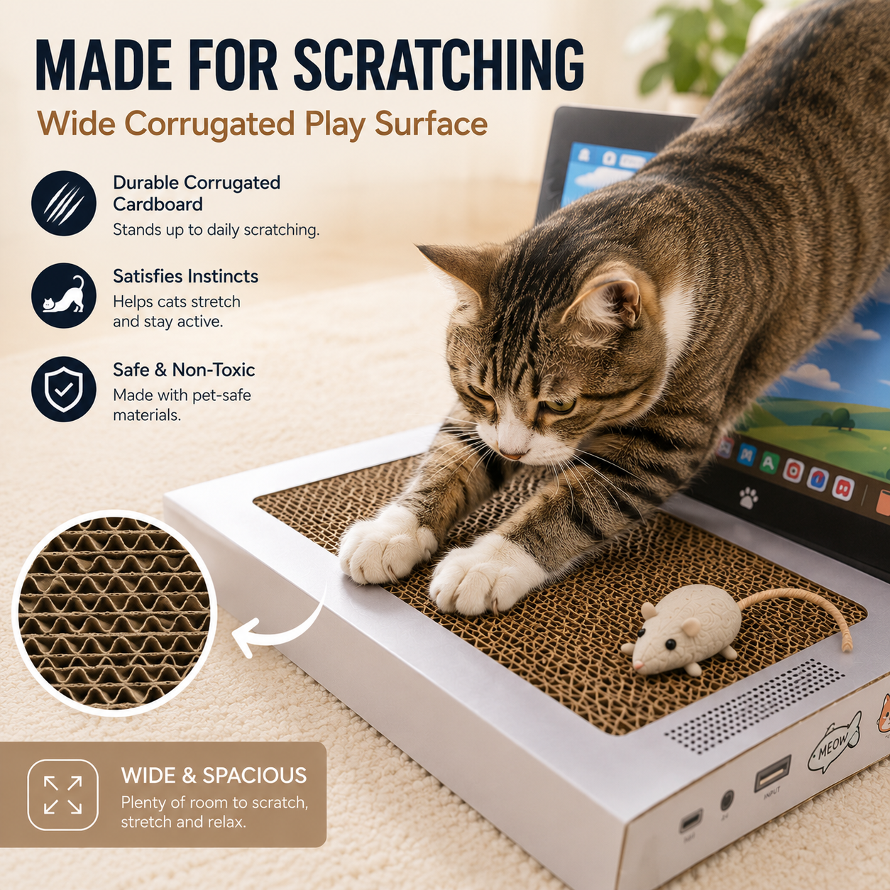 💻 Laptop Cat Scratcher Cardboard Toy with Mouse Ball and DIY Stickers 🐾