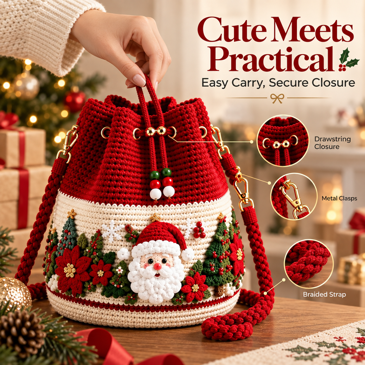 🎄 50% OFF Christmas Crochet Bucket Bag ✨ Festive Crossbody Holiday Purse