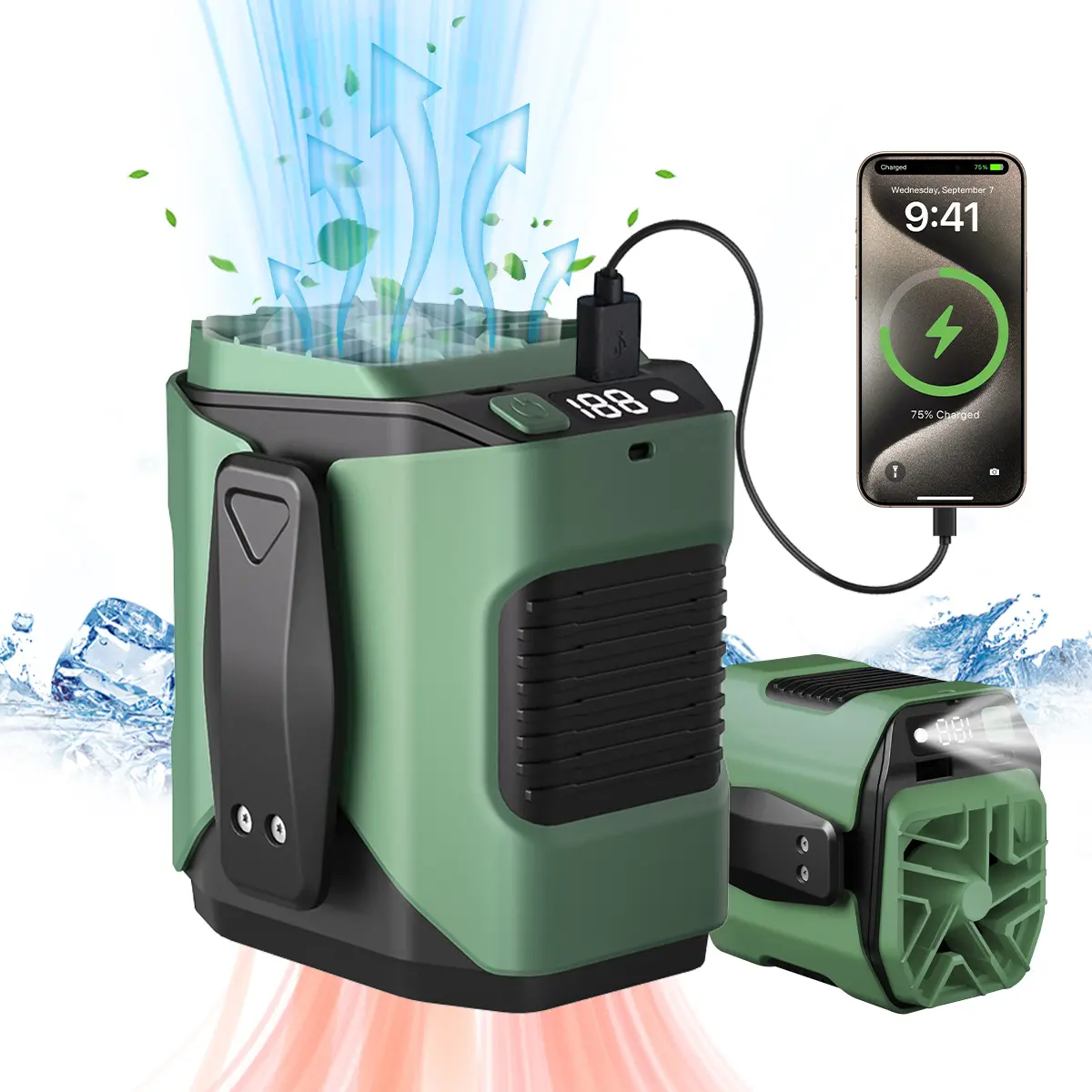🔥 Rechargeable High-Speed Waist Fan | Power Bank & LED Light