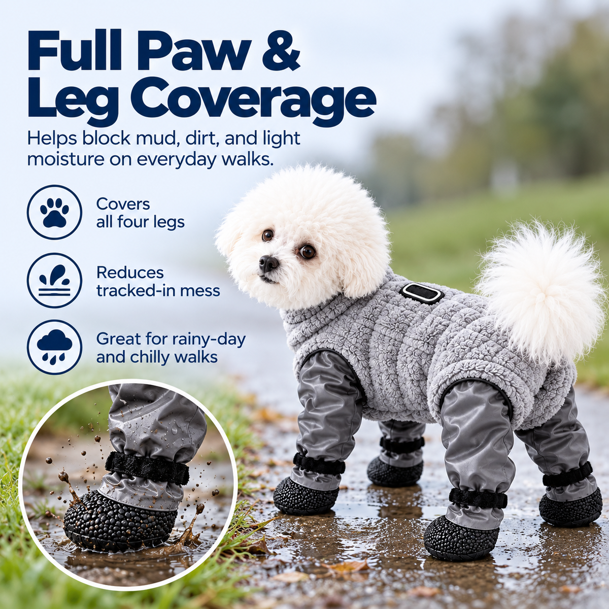 🐾 All-in-One Dog Paw & Leg Protection Suit – Fleece Body, Grip Soles & Leash Ring