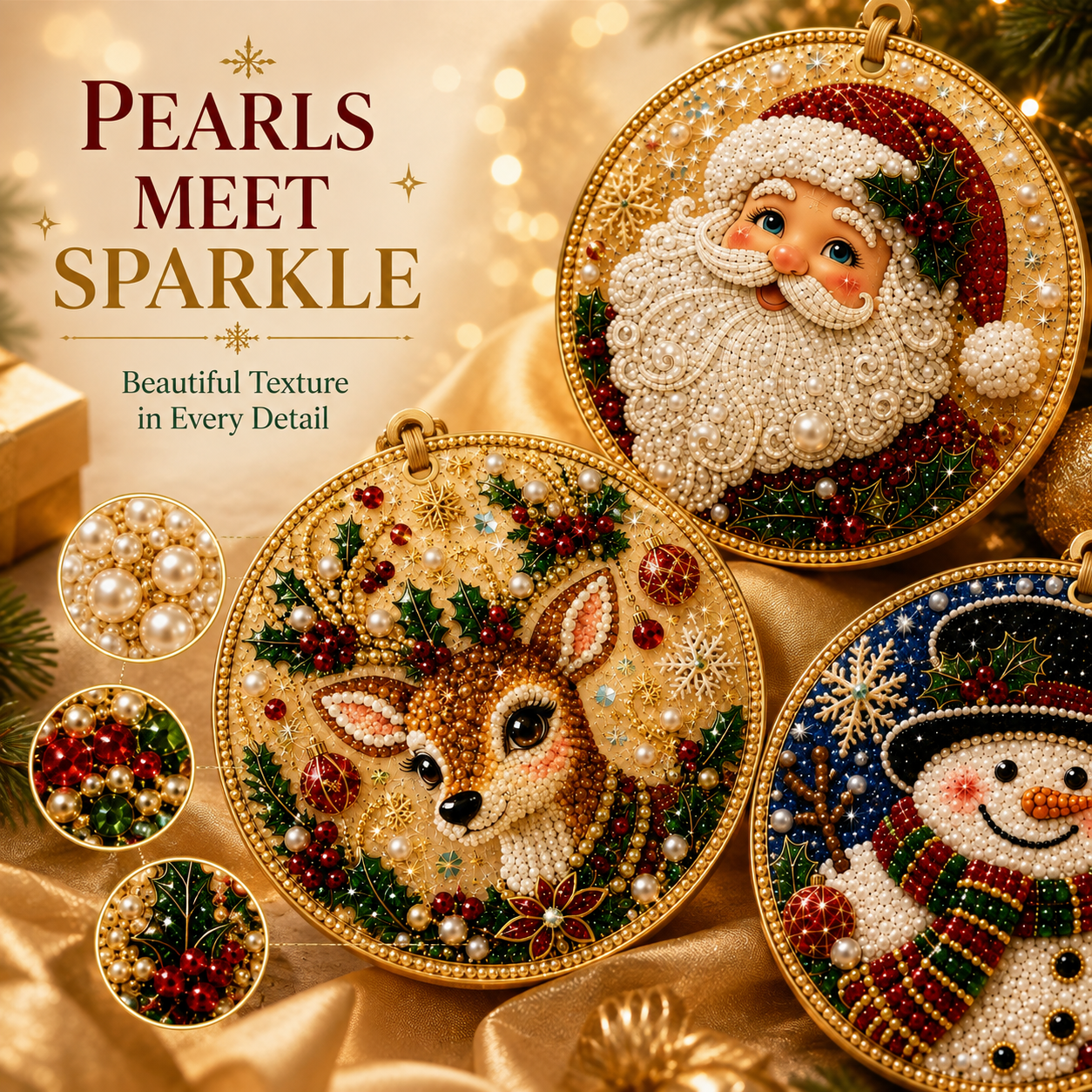 🎄 6-Piece Christmas Diamond Art Wooden Ornament Kit – DIY Pearl & Rhinestone Crafts ✨