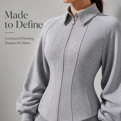 🧥 Womens Sculpted Grey Zip Jacket Corset Paneling Long Sleeve Streetwear Coat ✨