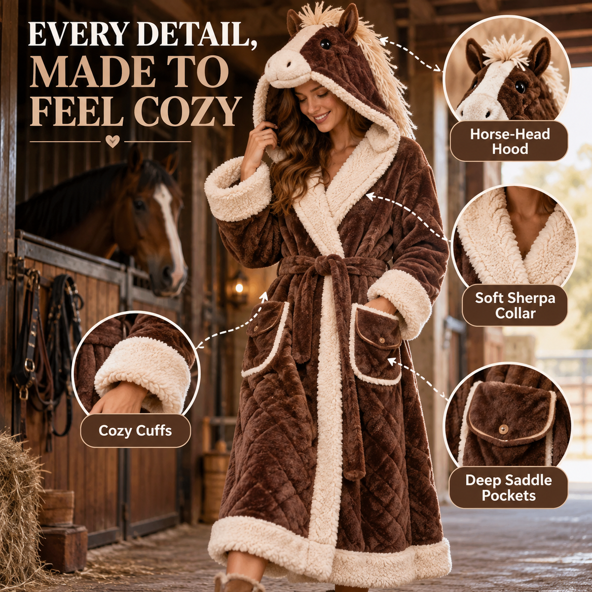 🐴 Horse Lover Plush Robe – Full-Length Sherpa-Lined Cozy Hooded Bathrobe