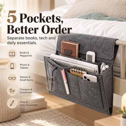 🛏️ Hanging Felt Bedside Caddy Organizer – 5-Pocket Mattress & Sofa Storage ✨