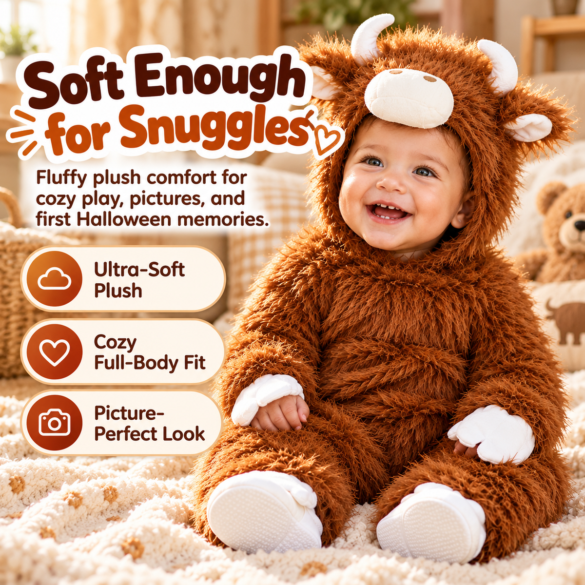 🦬 Baby Buffalo Halloween Costume – Cozy Plush Hooded Animal Jumpsuit for First Halloween Photos