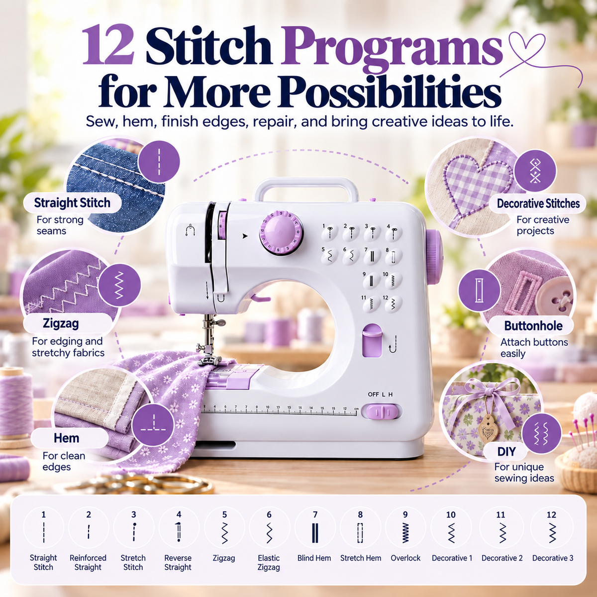🧵 50% OFF! ✂️ Portable 12-Stitch Electric Household Sewing Machine with Overlock Hem & Speed Control 🧵