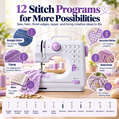 🧵 50% OFF! ✂️ Portable 12-Stitch Electric Household Sewing Machine with Overlock Hem & Speed Control 🧵