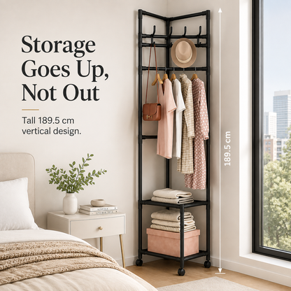 👗 Freestanding Corner Garment Rack with Wheels & Storage Shelves 👠