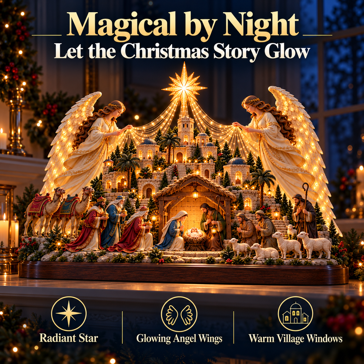 🎄✨ Angels Over Bethlehem™ – Lighted 3D Nativity Mantel Centerpiece with Angel Wings & Star