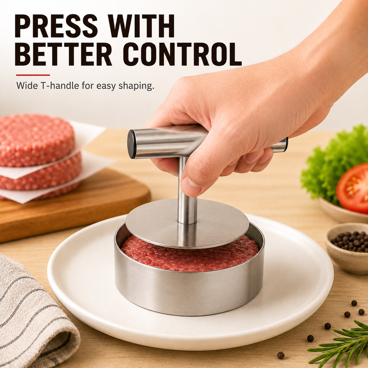🍔 Stainless Steel Burger Patty Press Set – 85mm T-Handle Meat Mold Maker 🔥