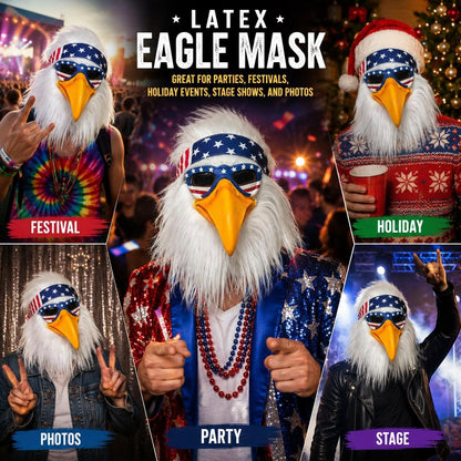 🔥🇺🇸 Be The Focus! Realistic Latex Eagle Mask with Patriotic US Flag Headband 🦅