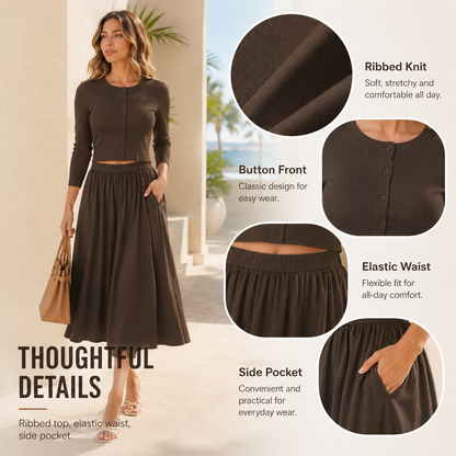 👗 Women's 2-Piece Ribbed Cardigan & Flowing Skirt Set ✨