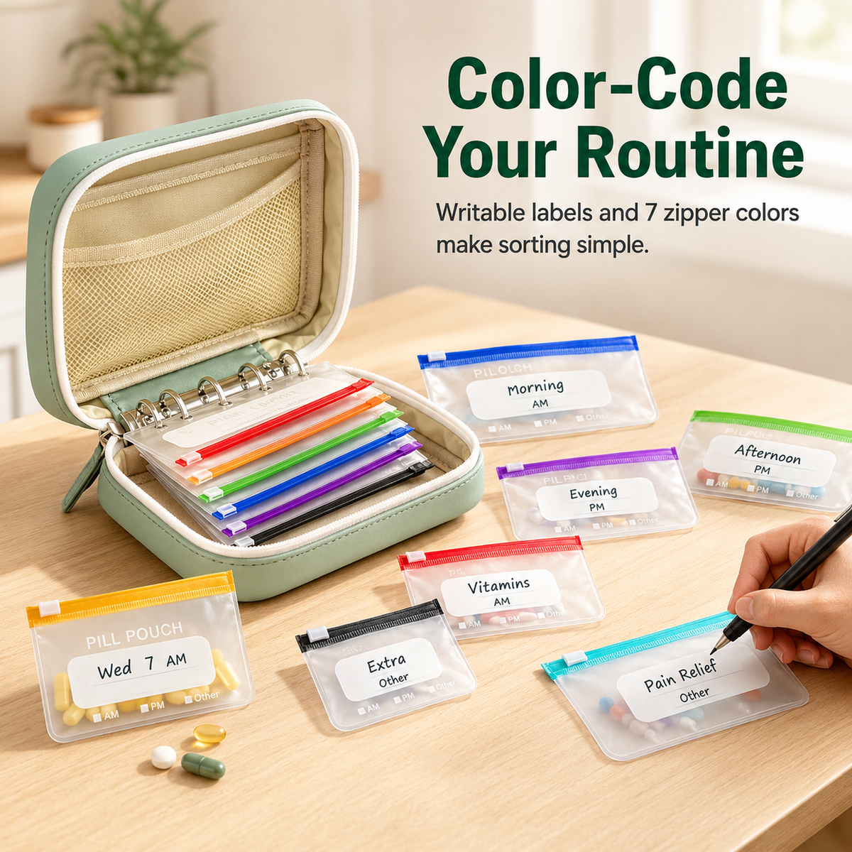 💊 14-Day Portable Pill Pouch Organizer Case with Color Zippers 💼