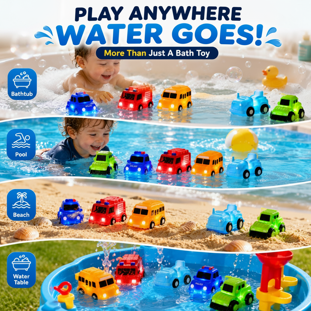 🚗 Water-Activated Light-Up Vehicle Toys – 6PCS Glowing Bath & Pool Play Set ✨