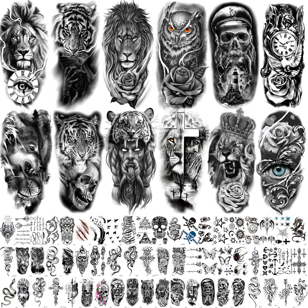 🔥 76 Pcs Tribal Temporary Tattoo Set - Wolf, Lion & Skull | Instant Forearm Sleeve | Zero Pain 🐺✨