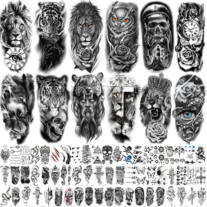 🔥 76 Pcs Tribal Temporary Tattoo Set - Wolf, Lion & Skull | Instant Forearm Sleeve | Zero Pain 🐺✨