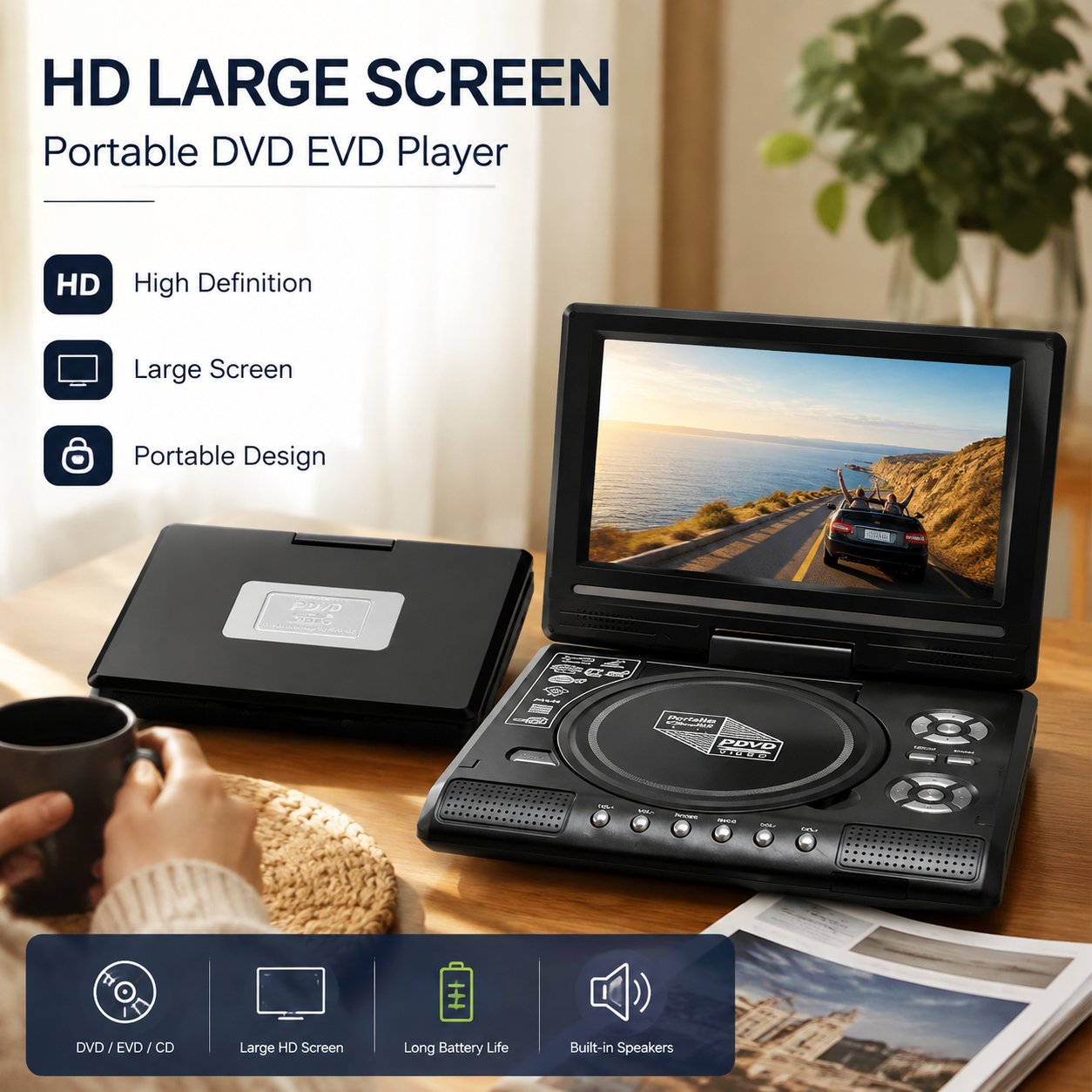 📺 Portable DVD/EVD Player – 7.8in Rechargeable Screen for Travel