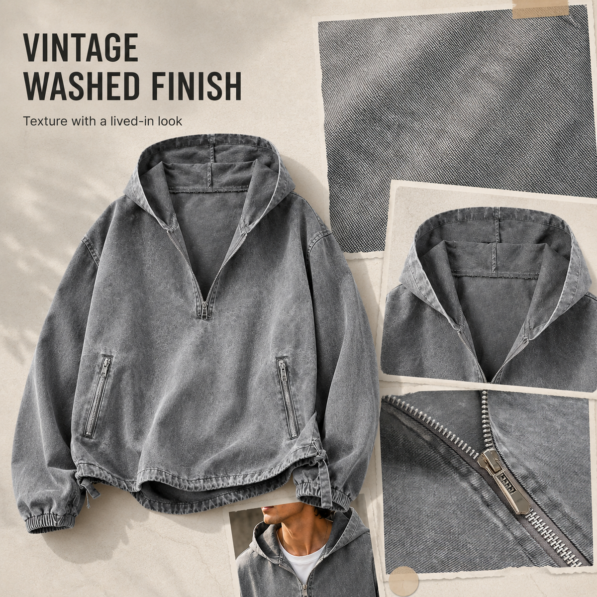 🧥 100% Cotton Vintage Washed Half-Zip Hoodie – Relaxed Fit Pullover ✨
