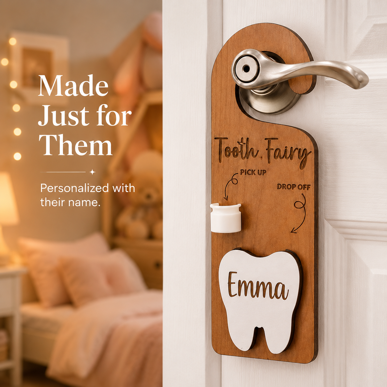 🧚 Personalized Wooden Tooth Fairy Door Hanger with Money Pocket 🦷