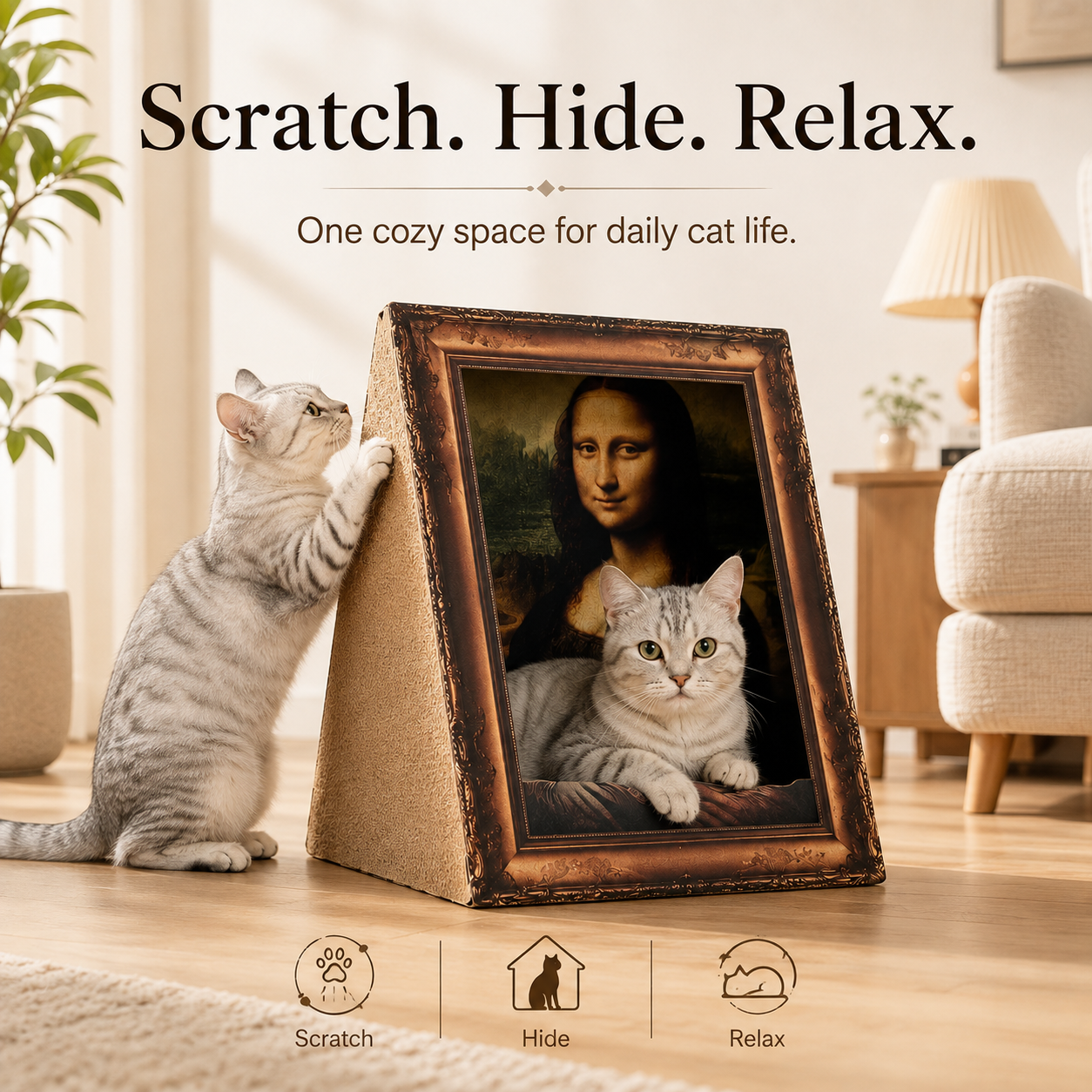 🖼️ Art-Inspired Framed Cardboard Cat House with Scratching Board 🐱