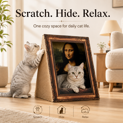🖼️ Art-Inspired Framed Cardboard Cat House with Scratching Board 🐱