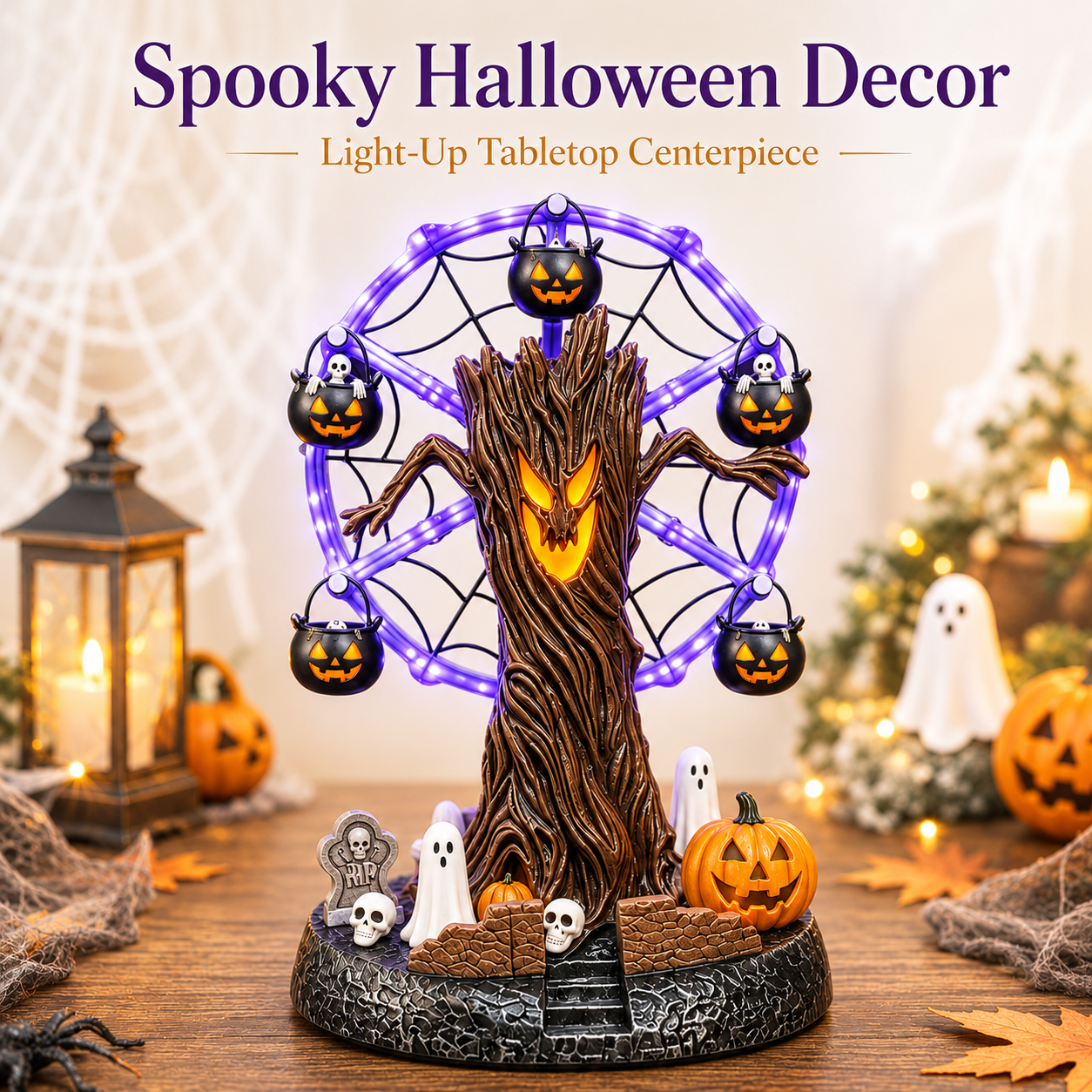 🎃 Lighted Halloween Ferris Wheel Resin Decoration with Haunted Tree and Ghosts 👻