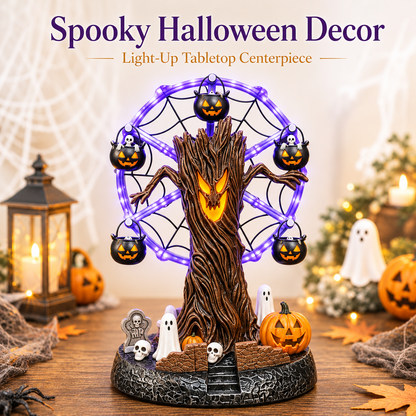 🎃 Lighted Halloween Ferris Wheel Resin Decoration with Haunted Tree and Ghosts 👻