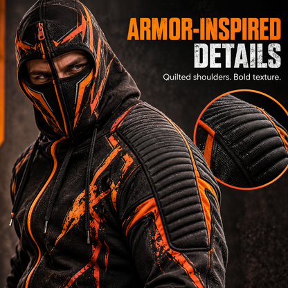 🔥 Full-Face Zip Hoodie – Armor-Inspired Fleece Streetwear with Quilted Shoulders