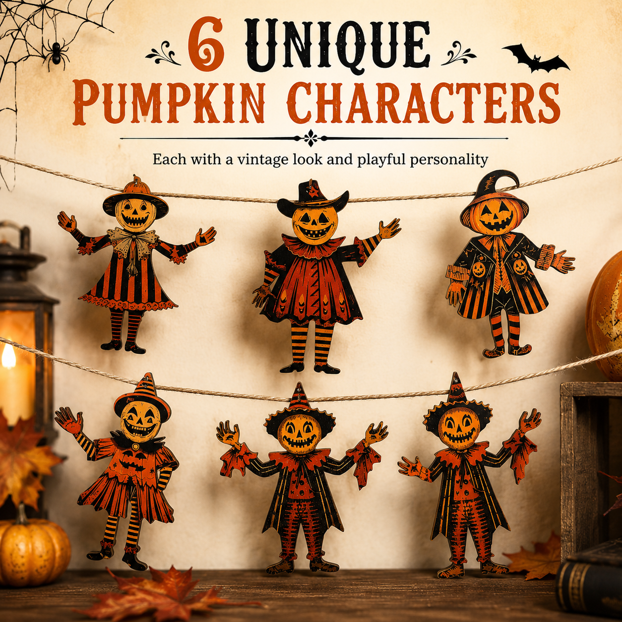 🎃 6 Piece Vintage Wooden Pumpkin Character Halloween Garland Banner Cutouts 🎃