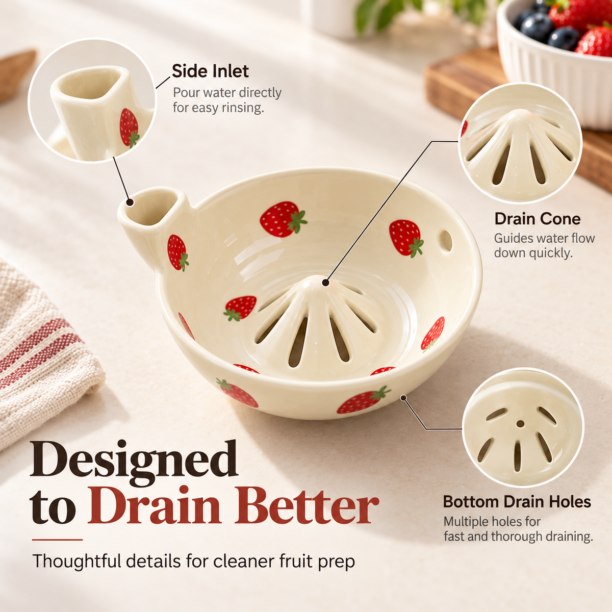 🍓 Ceramic Fruit Washing Colander & Serving Drain Bowl with Honeycomb Drip Mat 🍇