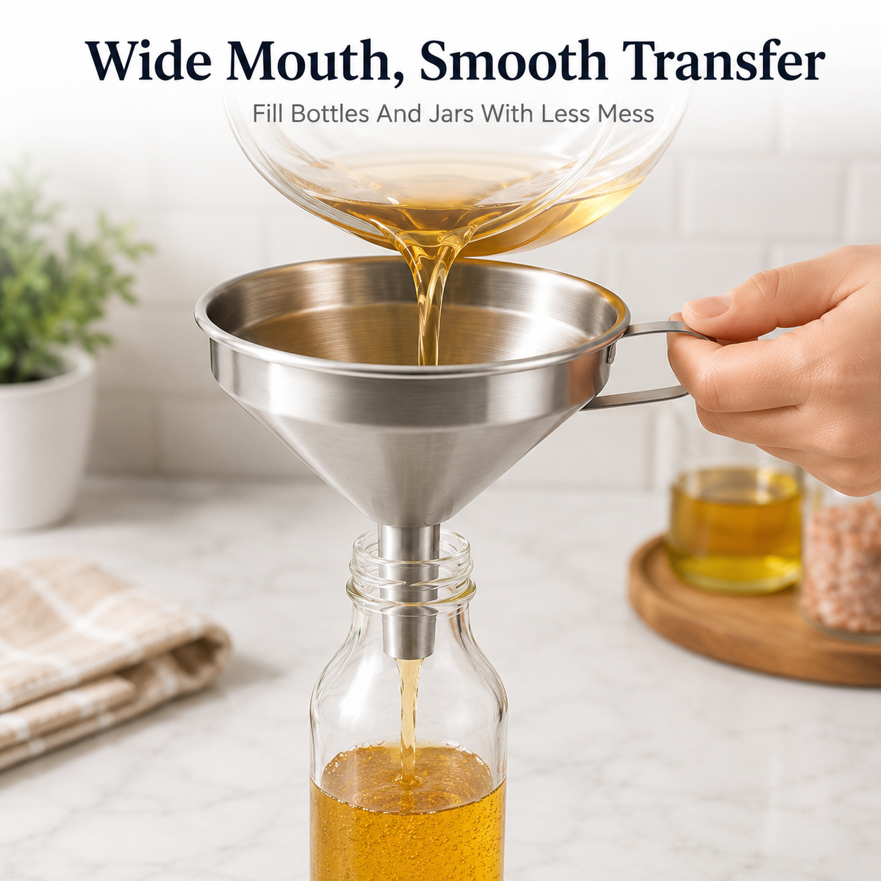 Stainless steel funnel, suitable for transferring oils and liquids; kitchen funnel with a brush