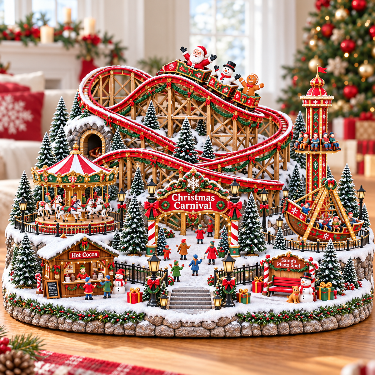 🎢 Magical Christmas Carnival Village – Animated Roller Coaster & Lighted Holiday Decor
