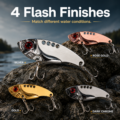 Blade-style lure with 3D red eyes; a rigid, action-adjustable spoon-style lure