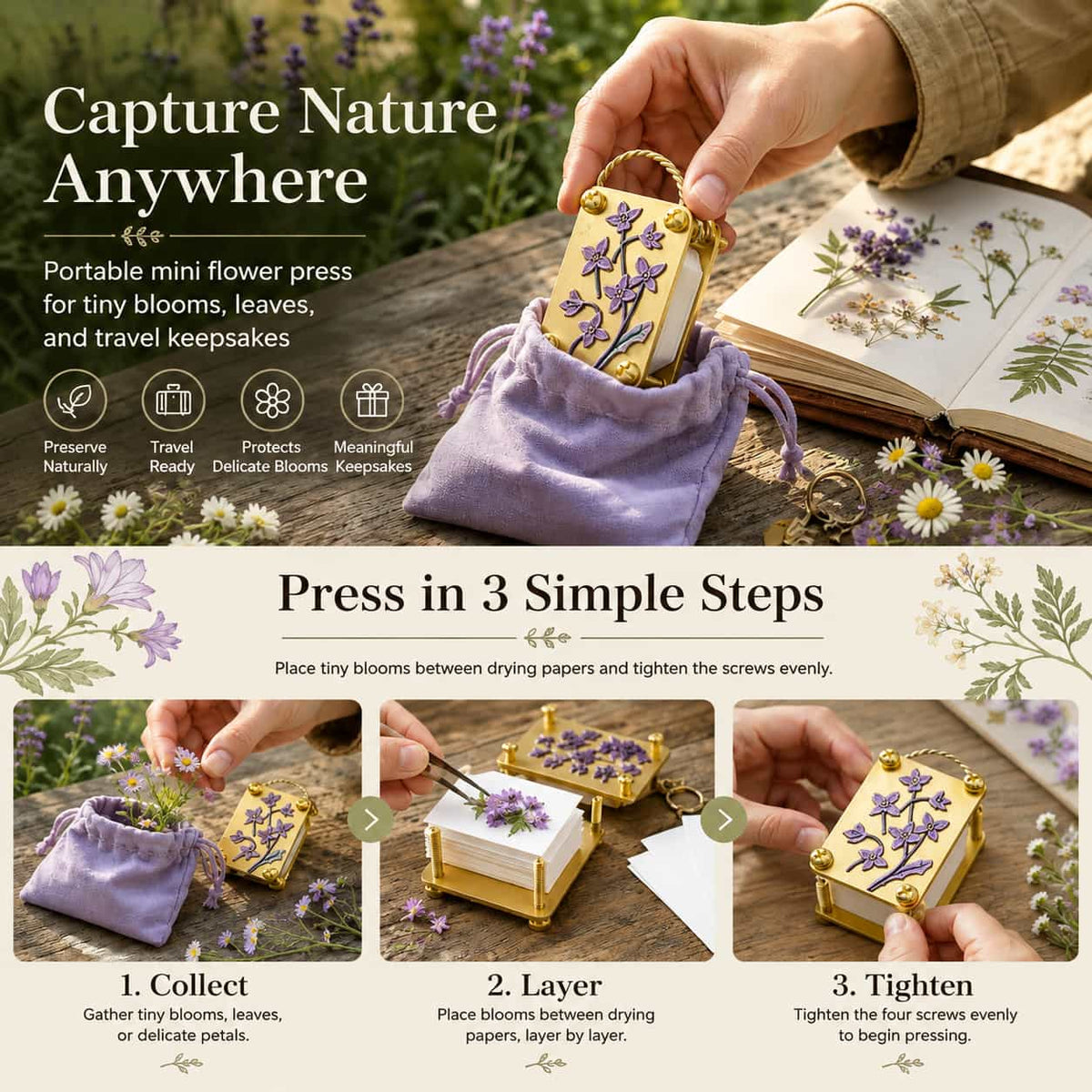 🌸🍃 Mini Portable Flower Press – Preserve Blooms & Create Lasting Keepsakes
