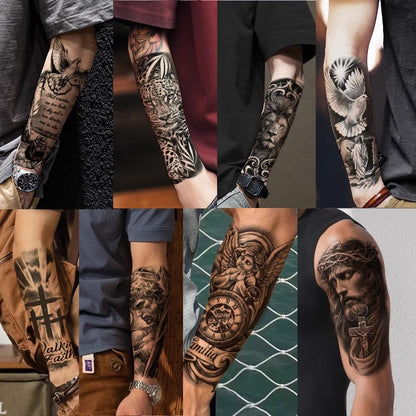 🔥 76 Pcs Tribal Temporary Tattoo Set - Wolf, Lion & Skull | Instant Forearm Sleeve | Zero Pain 🐺✨
